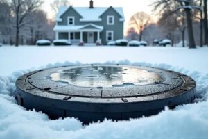 a black septic tank surrounded by snow on winter season