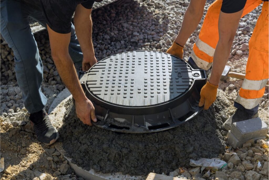 a worker installs a sewer manhole on a septic tank made of concrete ring